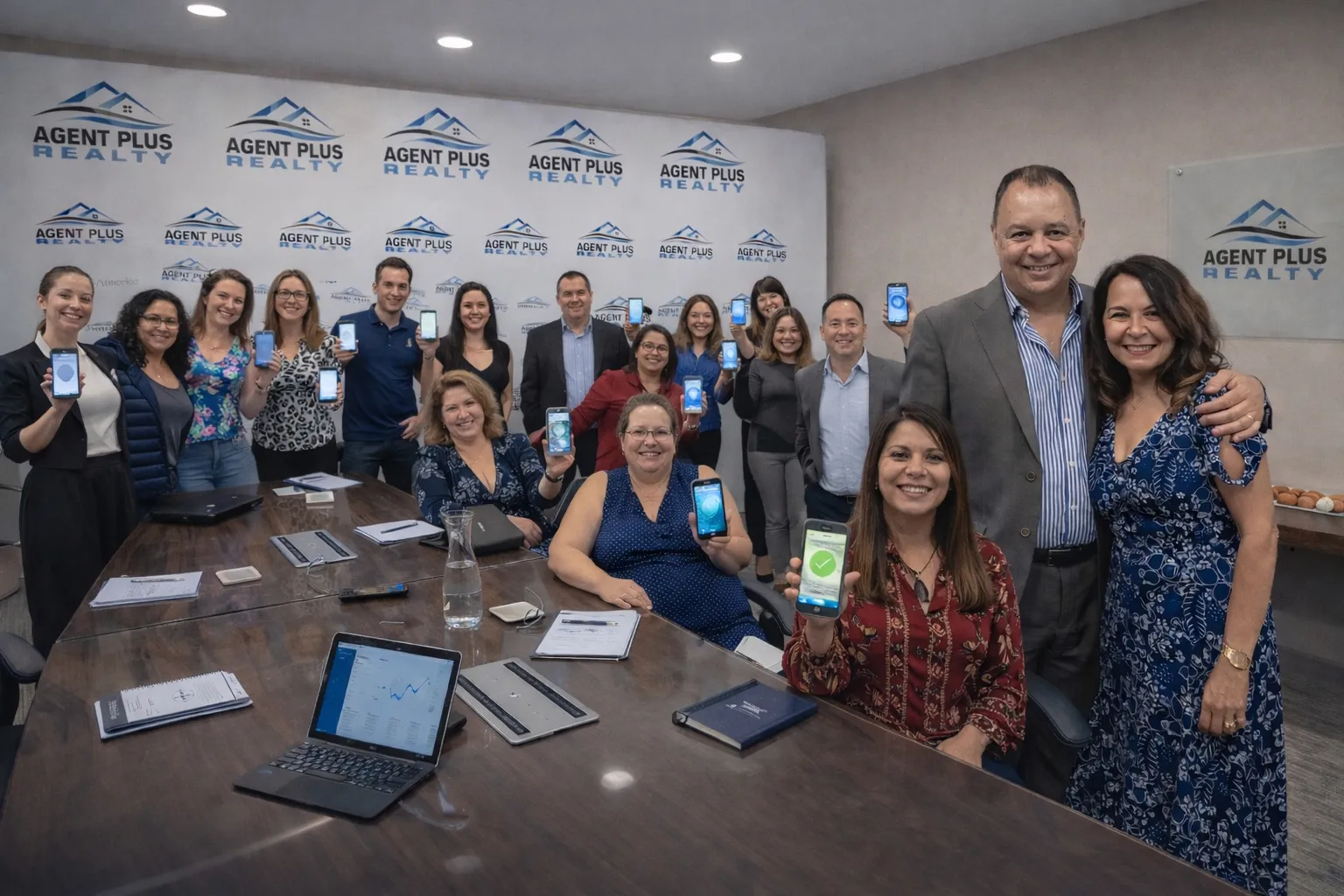 Agent Plus Realty team gathered in the conference room, proudly holding up their phones — a real brokerage with real people