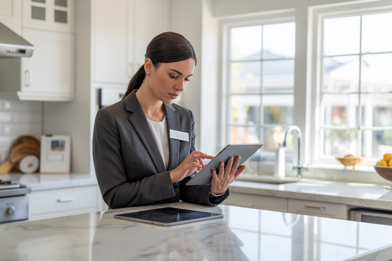 Successful realtor using tablet technology in bright modern kitchen workspace