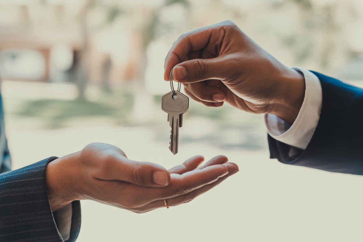 Professional keys exchange moment symbolizing successful Agent Plus real estate closing